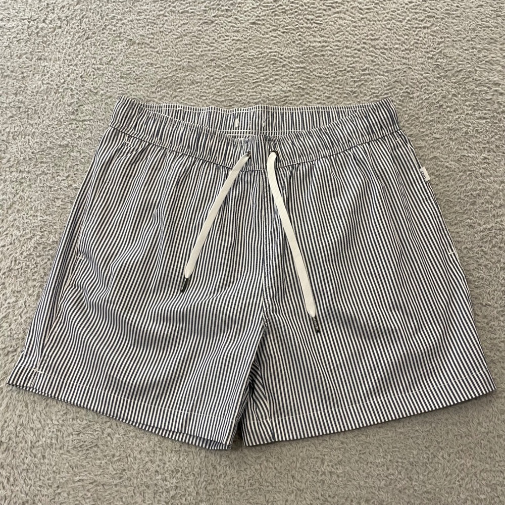 Onia Charles Seersucker Swim Trunks Mens Larged Blue White Striped Mesh Lined